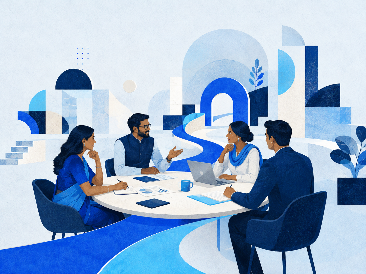 Corporate illustration of Indian professionals connecting people and business processes